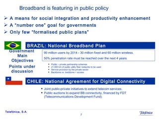 Broadband is featuring in public policy A means for social integration and productivity enhancement A “number one” goal for governments Only few “formalised public plans”  BRAZIL: National Broadband Plan 90 million users by 2014 - 30 million fixed and 60 million wireless.  50% penetration rate must be reached over the next 4 years.  Government  Main Objectives Public – private partnership schemes 21,000 km of public utility fiber networks to be used  Service provision by the private sector Backbone vs. backbone + access  Points under discussion CHILE:  National Agreement for Digital Connectivity Joint public-private initiatives to extend telecom services. Public auctions to expand BB connectivity, financed by FDT (Telecommunications Development Fund). 