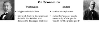 On Economics
Washington
• supported capitalism
• friend of Andrew Carnegie and
John D. Rockefeller who
donated to Tuskegee Institute
DuBois
• critical of capitalism
• called for “greater public
ownership of the public
wealth for the public good”