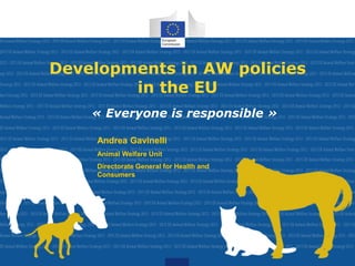 Developments in AW policies
        in the EU
    « Everyone is responsible »

     Andrea Gavinelli
     Animal Welfare Unit
     Directorate General for Health and
     Consumers
 