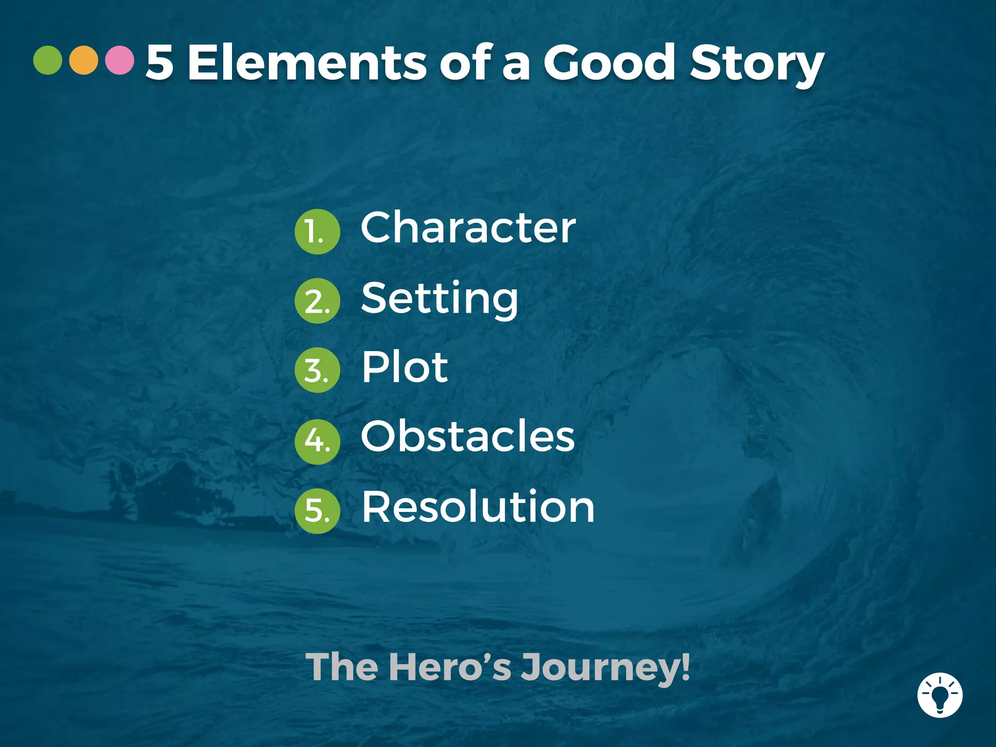 The Hero’s Journey!
5 Elements of a Good Story
1. Character
2. Setting
3. Plot
4. Obstacles
5. Resolution
 