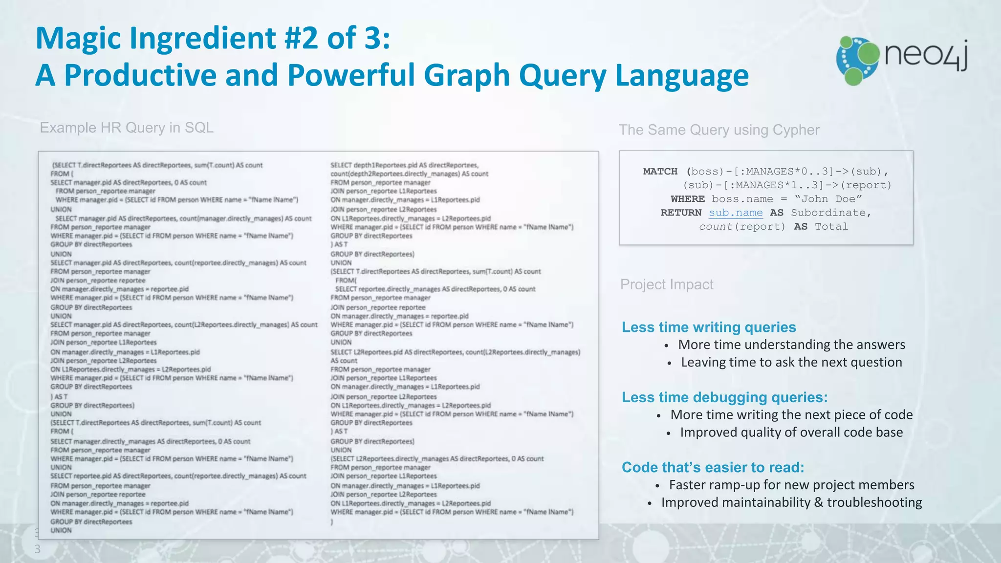 3
3
Example HR Query in SQL The Same Query using Cypher
MATCH (boss)-[:MANAGES*0..3]->(sub),
(sub)-[:MANAGES*1..3]->(report)
WHERE boss.name = “John Doe”
RETURN sub.name AS Subordinate,
count(report) AS Total
Project Impact
Less time writing queries
• More time understanding the answers
• Leaving time to ask the next question
Less time debugging queries:
• More time writing the next piece of code
• Improved quality of overall code base
Code that’s easier to read:
• Faster ramp-up for new project members
• Improved maintainability & troubleshooting
Magic Ingredient #2 of 3:
A Productive and Powerful Graph Query Language
 