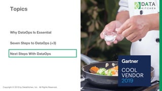 Copyright © 2019 by DataKitchen, Inc. All Rights Reserved.
Topics
Why DataOps Is Essential
Seven Steps to DataOps (+3)
Next Steps With DataOps
 