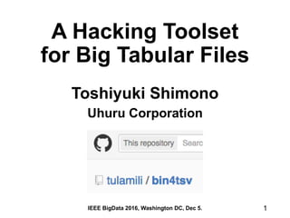 A Hacking Toolset
for Big Tabular Files
Toshiyuki Shimono
Uhuru Corporation
1IEEE BigData 2016, Washington DC, Dec 5.
 
