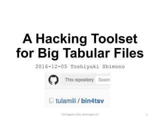 A Hacking Toolset
for Big Tabular Files
2016-12-05 Toshiyuki Shimono
1IEEE Bigdata 2016, Washington DC
Uhuru Corp.
Tokyo, Japan
https://github.com/
tulamili/bin4tsv
 
