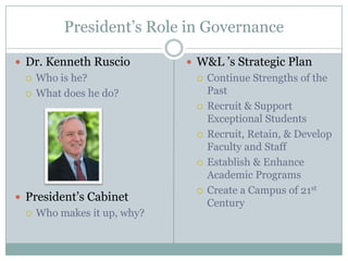 President’s Role in Governance

 Dr. Kenneth Ruscio          W&L ’s Strategic Plan
    Who is he?                  Continue Strengths of the
    What does he do?             Past
                                 Recruit & Support
                                  Exceptional Students
                                 Recruit, Retain, & Develop
                                  Faculty and Staff
                                 Establish & Enhance
                                  Academic Programs
                                 Create a Campus of 21st
 President’s Cabinet
                                  Century
    Who makes it up, why?
 