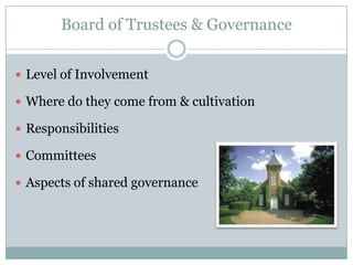 Board of Trustees & Governance


 Level of Involvement

 Where do they come from & cultivation

 Responsibilities

 Committees

 Aspects of shared governance
 