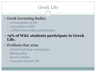 Greek Life

 Greek Governing Bodies
   16 Fraternities in IFC
   6 Sororities in PHC
   4 NPHC Fraternities and Sororities

 79% of W&L students participate in Greek
  Life.
 Problems that arise:
   Alcohol and drug consumption
   Hazing policy
   Sexual violence
   Concepts of Greek Life
 