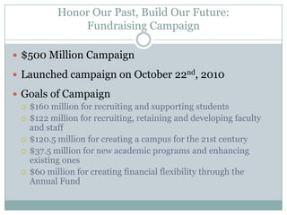 Honor Our Past, Build Our Future:
               Fundraising Campaign

 $500 Million Campaign

 Launched campaign on October 22nd, 2010

 Goals of Campaign
   $160 million for recruiting and supporting students
   $122 million for recruiting, retaining and developing faculty
    and staff
   $120.5 million for creating a campus for the 21st century
   $37.5 million for new academic programs and enhancing
    existing ones
   $60 million for creating financial flexibility through the
    Annual Fund
 