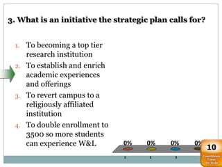 3. What is an initiative the strategic plan calls for?


 1. To becoming a top tier
    research institution
 2. To establish and enrich
    academic experiences
    and offerings
 3. To revert campus to a
    religiously affiliated
    institution
 4. To double enrollment to
    3500 so more students
    can experience W&L         0%     0%    0%     0%
                                                         10
                               1      2      3      4
 