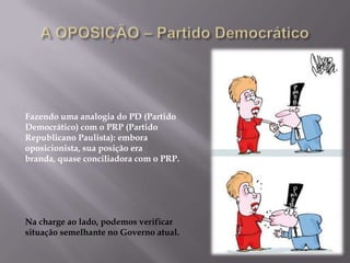 Fazendo uma analogia do PD (Partido
Democrático) com o PRP (Partido
Republicano Paulista): embora
oposicionista, sua posição era
branda, quase conciliadora com o PRP.




Na charge ao lado, podemos verificar
situação semelhante no Governo atual.
 