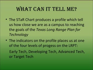 What can it tell me? The STaR Chart produces a profile which tell us how close we are as a campus to reaching the goals of the  Texas Long Range Plan for Technology The indicators on the profile places us at one of the four levels of progess on the LRPT: Early Tech, Developing Tech, Advanced Tech, or Target Tech 
