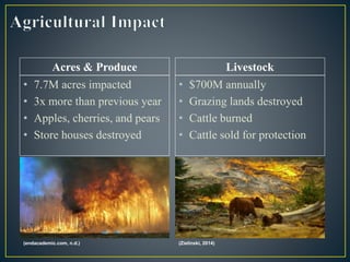 • 7.7M acres impacted
• 3x more than previous year
• Apples, cherries, and pears
• Store houses destroyed
Acres & Produce
• $700M annually
• Grazing lands destroyed
• Cattle burned
• Cattle sold for protection
Livestock
(endacademic.com, n.d.) (Zielinski, 2014)
 