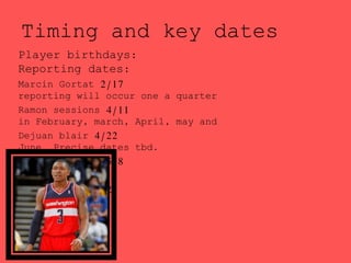 Timing and key dates
Player birthdays:
Reporting dates:
Marcin Gortat 2/17
reporting will occur one a quarter
Ramon sessions 4/11
in February, march, April, may and
Dejuan blair 4/22
June. Precise dates tbd.
Garrett temple 5/8
Otto porter 6/3
Bradley beal 6/28
 