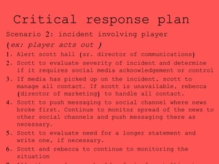 Critical response plan
Scenario 2: incident involving player
(ex: player acts out )
1. Alert scott hall (sr. director of communications)
2. Scott to evaluate severity of incident and determine
if it requires social media acknowledgement or control
3. If media has picked up on the incident, scott to
manage all contact. If scott is unavailable, rebecca
(director of marketing) to handle all contact.
4. Scott to push messaging to social channel where news
broke first. Continue to monitor spread of the news to
other social channels and push messaging there as
necessary.
5. Scott to evaluate need for a longer statement and
write one, if necessary.
6. Scott and rebecca to continue to monitoring the
situation
 