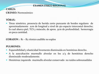 EXAMEN FISICO REGIONAL
CABEZA
CRÁNEO: Normosómico
TÓRAX:
 Tórax simétrico, presencia de herida corto punzante de bordes regulares de
aproximadamente 2cm de longitud a nivel de 5to espacio intercostal derecho;
la cual abarca piel, TCS y músculo, de aprox. 5cm de profundidad; hemorragia
en poca cantidad.
CORAZON : R1 – R2 rítmico audible no soplos
PULMONES:
 Expansibilidad y elasticidad levemente disminuida en hemitórax derecho.
 A la auscultación murmullo alveolar en los 2/3 de hemitórax derecho
disminuido moderadamente.
 Hemitórax izquierdo murmullo alveolar conservado no ruidos sobreanadidos
 