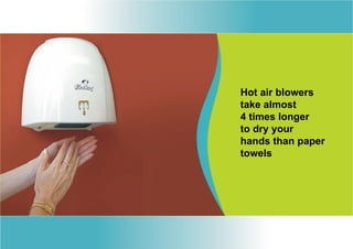 Hot air blowers
take almost
4 times longer
to dry your
hands than paper
towels
 
