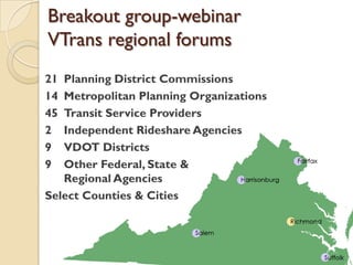 21 Planning District Commissions
14 Metropolitan Planning Organizations
45 Transit Service Providers
2 Independent Rideshare Agencies
9 VDOT Districts
9 Other Federal, State &
Regional Agencies
Select Counties & Cities
Breakout group-webinar
VTrans regional forums
 