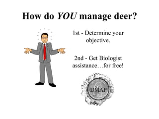 How do  YOU  manage deer?  1st - Determine your objective. 2nd - Get Biologist assistance…for free! 