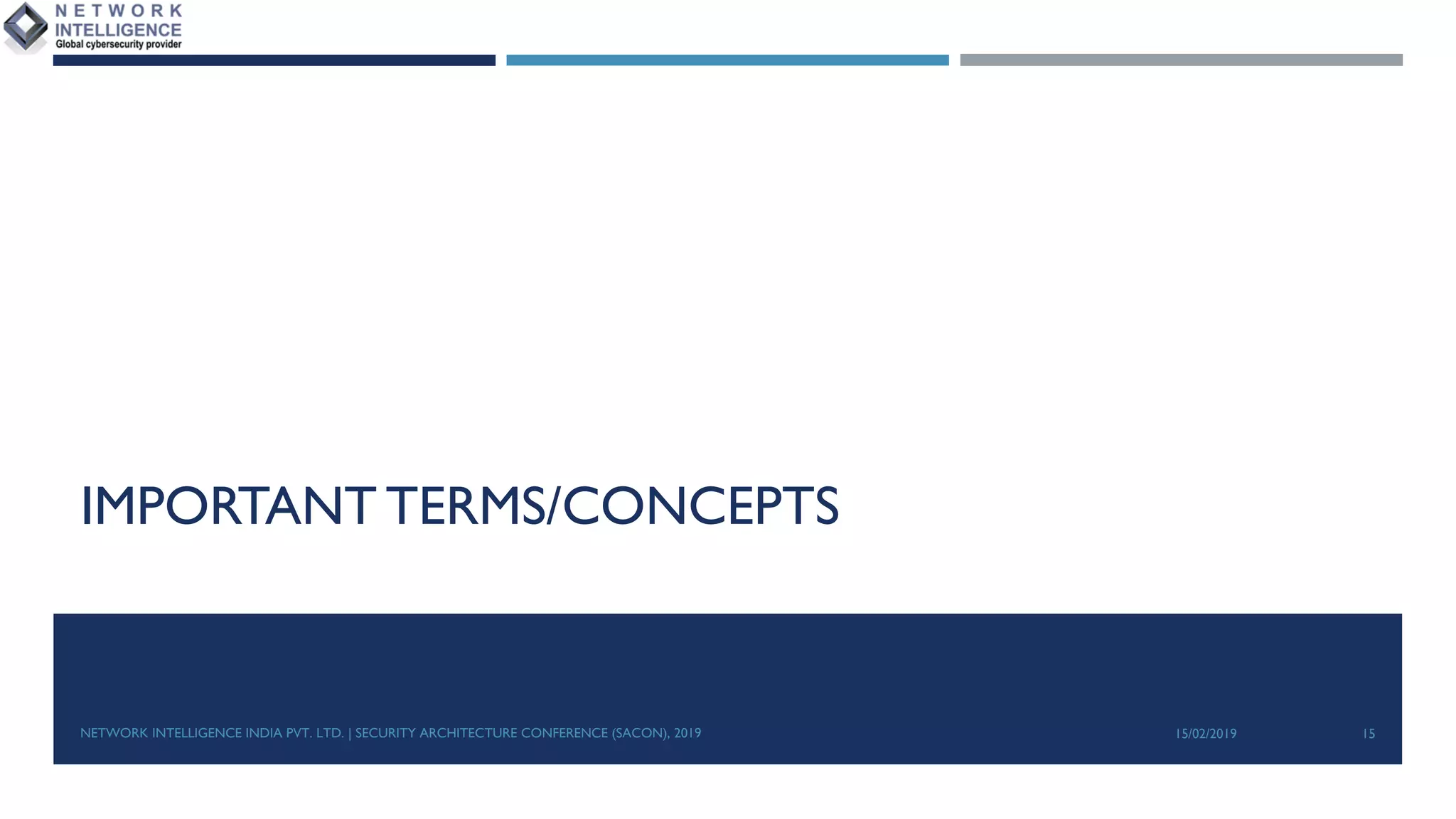 IMPORTANT TERMS/CONCEPTS
15/02/2019NETWORK INTELLIGENCE INDIA PVT. LTD. | SECURITY ARCHITECTURE CONFERENCE (SACON), 2019 15
 