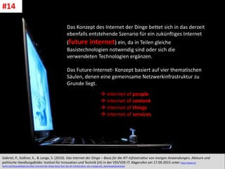 CC: Flickr: Don
Das Konzept des Internet der Dinge bettet sich in das derzeit
ebenfalls entstehende Szenario für ein zukünftiges Internet
(future internet) ein, da in Teilen gleiche
Basistechnologien notwendig sind oder sich die
verwendeten Technologien ergänzen.
Das Future-Internet- Konzept basiert auf vier thematischen
Säulen, denen eine gemeinsame Netzwerkinfrastruktur zu
Grunde liegt.
 internet of people
 internet of content
 internet of things
 internet of services
Gabriel, P., Gaßner, K., & Lange, S. (2010). Das Internet der Dinge – Basis für die IKT-Infrastruktur von morgen Anwendungen, Akteure und
politische Handlungsfelder. Institut für Innovation und Technik (iit) in der VDI/VDE-IT. Abgerufen am 17.09.2015 unter http://www.iit-
berlin.de/de/publikationen/das-internet-der-dinge-basis-fuer-die-ikt-infrastruktur-von-morgen/at_download/download
#14
 
