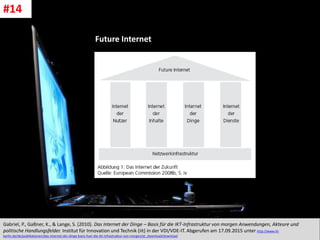 CC: Flickr: Don
Future Internet
Gabriel, P., Gaßner, K., & Lange, S. (2010). Das Internet der Dinge – Basis für die IKT-Infrastruktur von morgen Anwendungen, Akteure und
politische Handlungsfelder. Institut für Innovation und Technik (iit) in der VDI/VDE-IT. Abgerufen am 17.09.2015 unter http://www.iit-
berlin.de/de/publikationen/das-internet-der-dinge-basis-fuer-die-ikt-infrastruktur-von-morgen/at_download/download
#14
 
