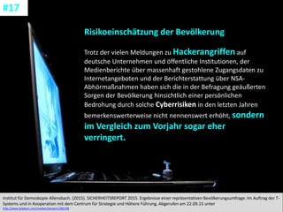 CC: Flickr: Don
Risikoeinschätzung der Bevölkerung
Trotz der vielen Meldungen zu Hackerangriffen auf
deutsche Unternehmen und öffentliche Institutionen, der
Medienberichte über massenhaft gestohlene Zugangsdaten zu
Internetangeboten und der Berichterstattung über NSA-
Abhörmaßnahmen haben sich die in der Befragung geäußerten
Sorgen der Bevölkerung hinsichtlich einer persönlichen
Bedrohung durch solche Cyberrisiken in den letzten Jahren
bemerkenswerterweise nicht nennenswert erhöht, sondern
im Vergleich zum Vorjahr sogar eher
verringert.
Institut für Demoskopie Allensbach. (2015). SICHERHEITSREPORT 2015. Ergebnisse einer repräsentativen Bevölkerungsumfrage. Im Auftrag der T-
Systems und in Kooperation mit dem Centrum für Strategie und Höhere Führung. Abgerufen am 22.09.15 unter
http://www.telekom.com/medien/konzern/282198
#17
 