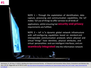 CC: Flickr: Don
NOTE 1 – Through the exploitation of identification, data
capture, processing and communication capabilities, the IoT
makes full use of things to offer services to all kinds of
applications, whilst ensuring hat security and privacy
requirements are fulfilled.
NOTE 2 – IoT is “a dynamic global network infrastructure
with self-configuring capabilities based on standard and
interoperable communication protocols where physical and
virtual “things” have identities, physical attributes, and
virtual personalities and use intelligent interfaces, and are
seamlessly integrated into the information network
Vermesan, O., & Friess, P. (2015). Building the Hyperconnected Society - IoT Research and Innovation Value Chains, Ecosystems and Markets (No.
43), S.23-25. Abgerufen am 07.09.15 unter http://www.internet-of-thingsresearch.eu/pdf/Building_the_Hyperconnected_Society_IERC_2015_Cluster_ eBook_978-87-93237-98-
8_P_Web.pdf
#1
 