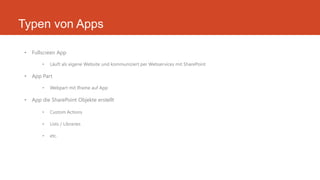 Typen von Apps
• Fullscreen App
• Läuft als eigene Website und kommuniziert per Webservices mit SharePoint
• App Part
• Webpart mit Iframe auf App
• App die SharePoint Objekte erstellt
• Custom Actions
• Lists / Libraries
• etc.
 