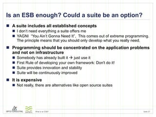 Is an ESB enough? Could a suite be an option? A suite includes all established concepts I don‘t need everything a suite offers me YAGNI  “You Ain’t Gonna Need It”,  This comes out of extreme programming. The principle means that you should only develop what you really need. Programming should be concentrated on the application problems and not on infrastructure Somebody has already built it    just use it First Rule of developing your own framework: Don't do it! Suite provides innovation and stability Suite will be continuously improved  It is expensive  Not really, there are alternatives like open source suites 
