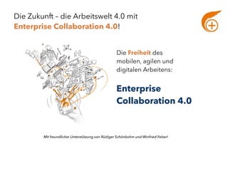 Die Zukunft – die Arbeitswelt 4.0 mit  
Enterprise Collaboration 4.0!
Die Freiheit des  
mobilen, agilen und  
digitalen Arbeitens:
Enterprise
Collaboration 4.0 
Mit freundlicher Unterstützung von Rüdiger Schönbohm und Winfried Felser!
 