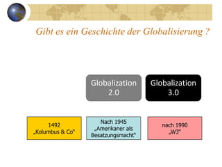Gibt es ein Geschichte der Globalisierung ?




            Globalization      Globalization      Globalization
                1.0                2.0                3.0


                                  Nach 1945
                  1492                               nach 1990
                                „Amerikaner als
             „Kolumbus & Co“                           „W3“
                               Besatzungsmacht“



(c) Venkatraman, 2008
 