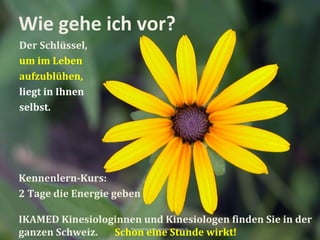 Wie gehe ich vor?
Der Schlüssel,
um im Leben
aufzublühen,
liegt in Ihnen
selbst.




Kennenlern-Kurs:
2 Tage die Energie geben

IKAMED Kinesiologinnen und Kinesiologen finden Sie in der
ganzen Schweiz.                 Schon eine Stunde wirkt!
                      Powered by www.wasistkinesiologie.ch
 