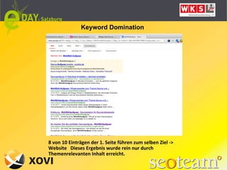 Keyword Domination




8	
  von	
  10	
  Einträgen	
  der	
  1.	
  Seite	
  führen	
  zum	
  selben	
  Ziel	
  -­‐>	
  
Website	
  	
  	
  Dieses	
  Ergebnis	
  wurde	
  rein	
  nur	
  durch	
  
Themenrelevanten	
  Inhalt	
  erreicht.	
  	
  
 