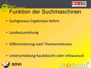 Funktion der Suchmaschinen
•  Suchgenaue	
  Ergebnisse	
  liefern	
  

•  Landeszuordnung	
  

•  Diﬀerenzierung	
  nach	
  Themenrelevanz	
  

•  Unterscheidung	
  Kaufabsicht	
  oder	
  Infowunsch	
  
 