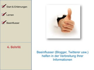 Starten Sie Ihr System immer mit den gesteckten Zielen vor Augen.Lernen Sie von Ihren Kunden und von den Mitbewerbern im Social Web. Orientieren Sie sich an Influenzern.