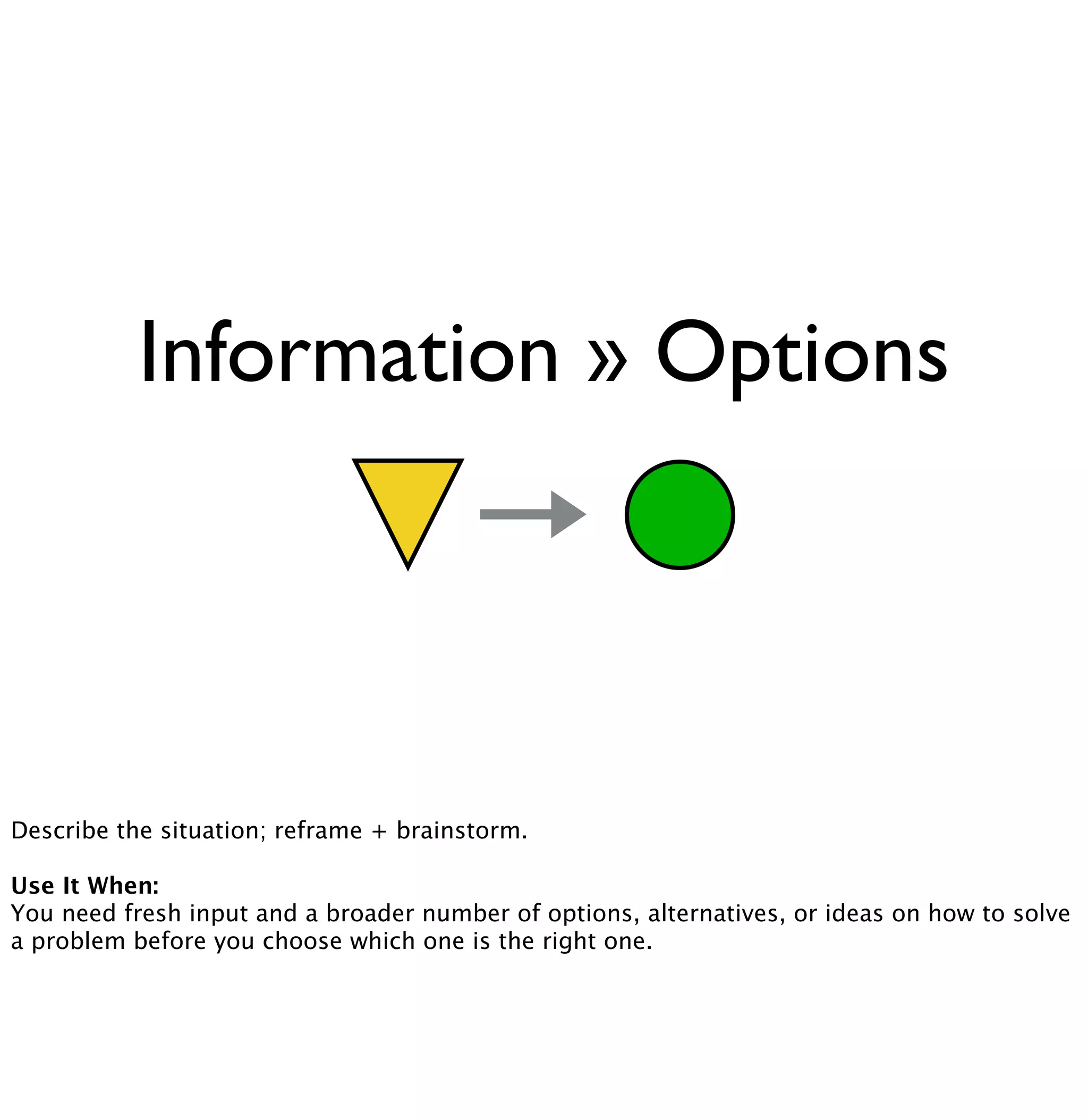 Information » Options 
Describe the situation; reframe + brainstorm. 
Use It When: 
You need fresh input and a broader number of options, alternatives, or ideas on how to solve 
a problem before you choose which one is the right one. 
 