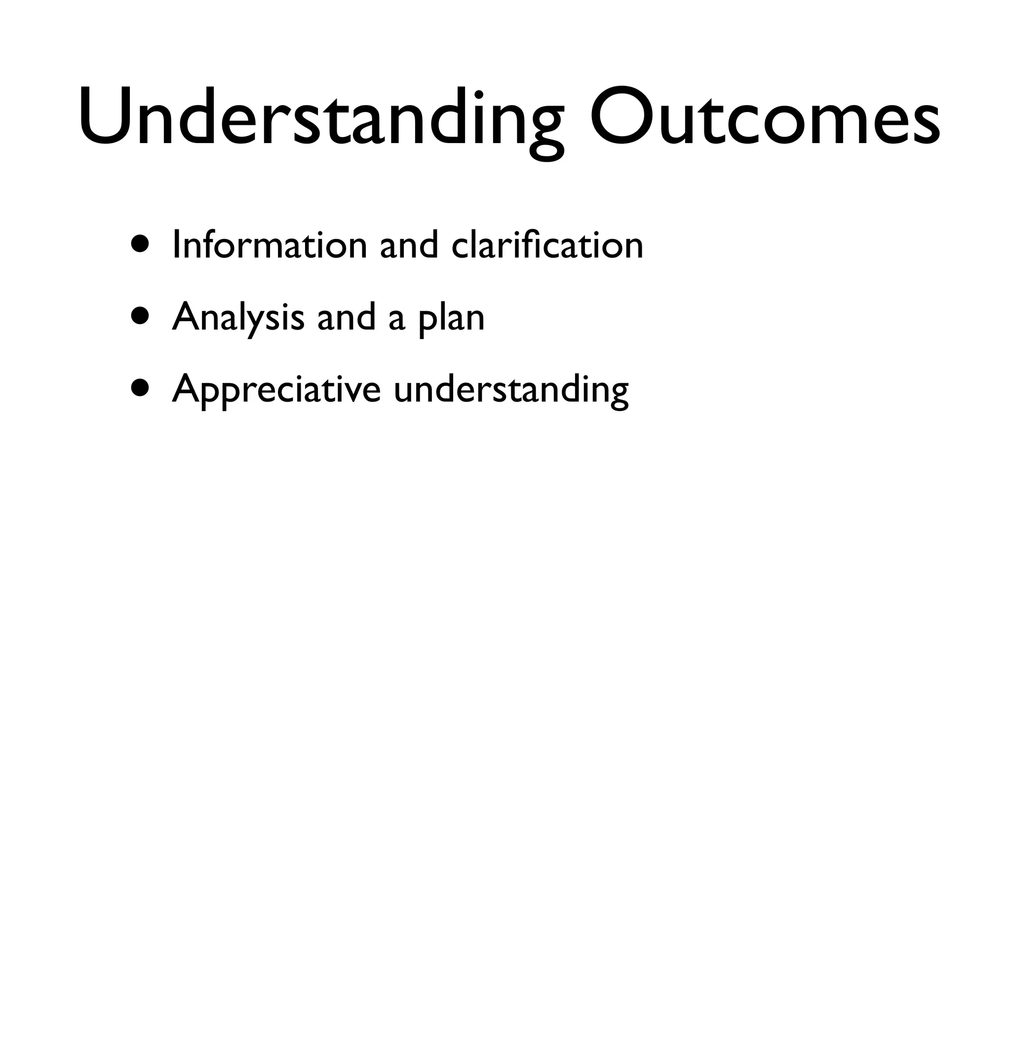 Understanding Outcomes 
• Information and clarification 
• Analysis and a plan 
• Appreciative understanding 
 
