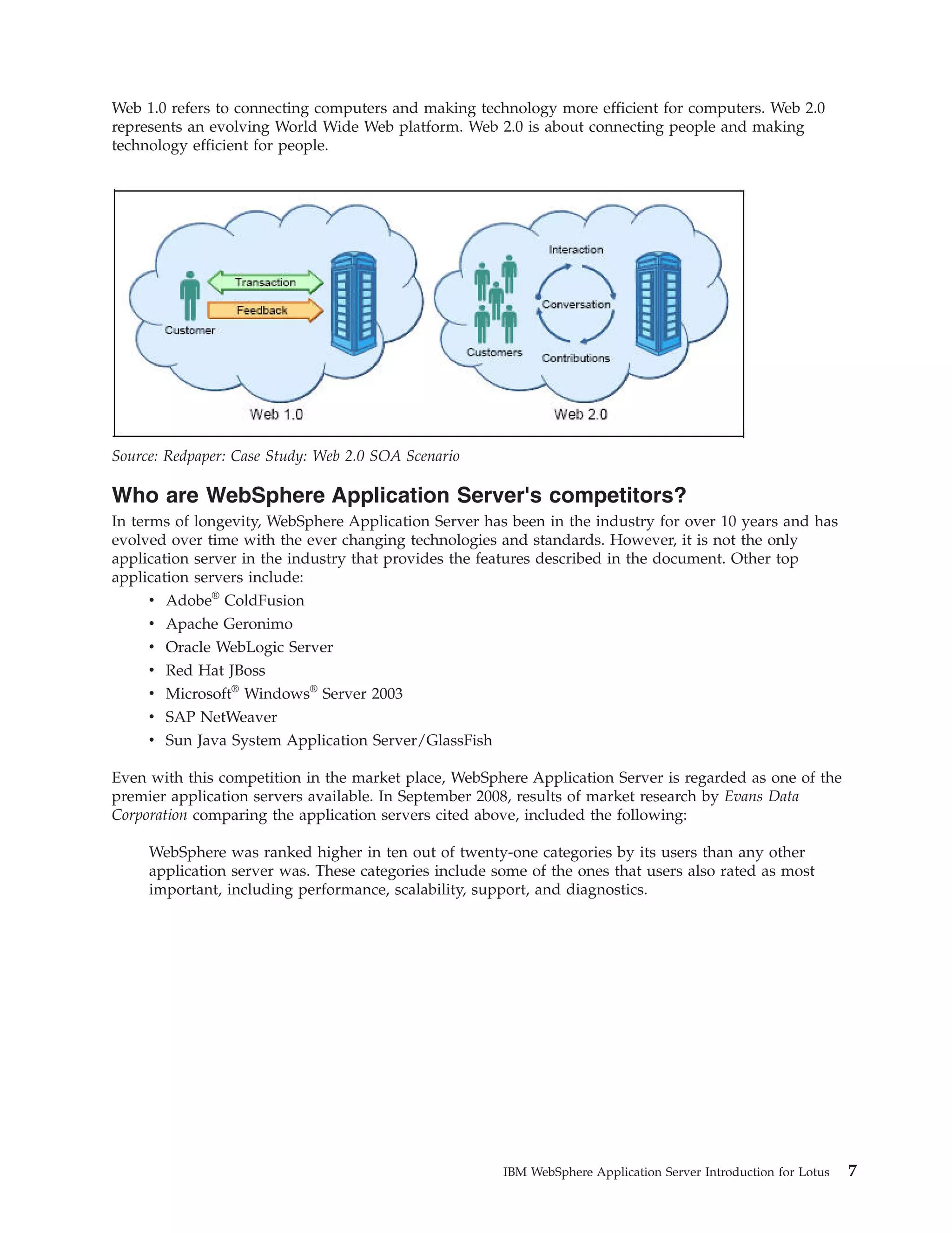 Web 1.0 refers to connecting computers and making technology more efficient for computers. Web 2.0 represents an evolving World Wide Web platform. Web 2.0 is about connecting people and making technology efficient for people. Source: Redpaper: Case Study: Web 2.0 SOA Scenario Who are WebSphere Application Server's competitors? In terms of longevity, WebSphere Application Server has been in the industry for over 10 years and has evolved over time with the ever changing technologies and standards. However, it is not the only application server in the industry that provides the features described in the document. Other top application servers include: v Adobe® ColdFusion v Apache Geronimo v Oracle WebLogic Server v Red Hat JBoss v Microsoft® Windows® Server 2003 v SAP NetWeaver v Sun Java System Application Server/GlassFish Even with this competition in the market place, WebSphere Application Server is regarded as one of the premier application servers available. In September 2008, results of market research by Evans Data Corporation comparing the application servers cited above, included the following: WebSphere was ranked higher in ten out of twenty-one categories by its users than any other application server was. These categories include some of the ones that users also rated as most important, including performance, scalability, support, and diagnostics. IBM WebSphere Application Server Introduction for Lotus 7 