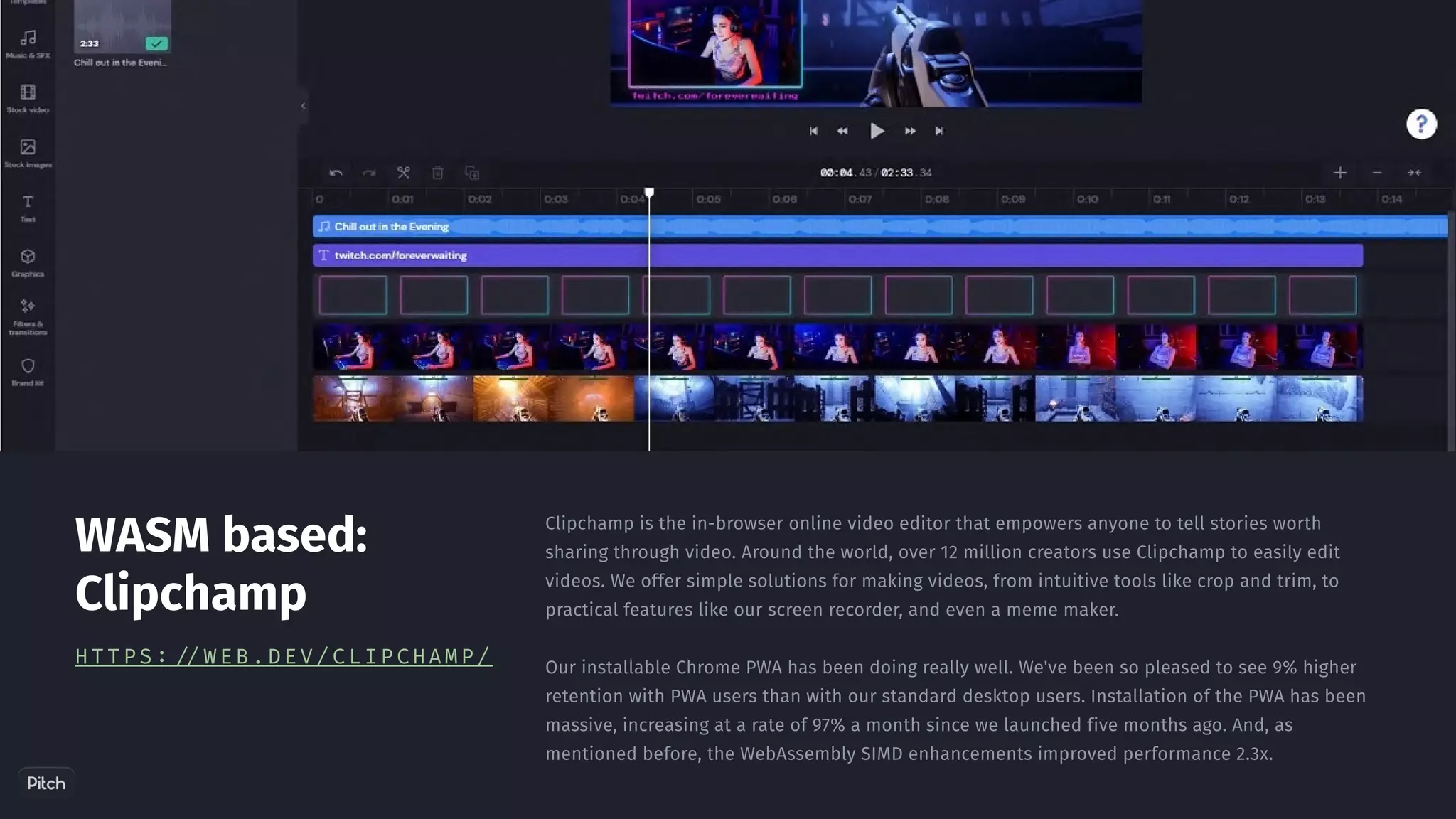 Clipchamp is the in-browser online video editor that empowers anyone to tell stories worth
sharing through video. Around the world, over 12 million creators use Clipchamp to easily edit
videos. We offer simple solutions for making videos, from intuitive tools like crop and trim, to
practical features like our screen recorder, and even a meme maker.
﻿
Our installable Chrome PWA has been doing really well. We've been so pleased to see 9% higher
retention with PWA users than with our standard desktop users. Installation of the PWA has been
massive, increasing at a rate of 97% a month since we launched five months ago. And, as
mentioned before, the WebAssembly SIMD enhancements improved performance 2.3x.
WASM based:
Clipchamp
HTTPS://WEB.DEV/CLIPCHAMP/
 