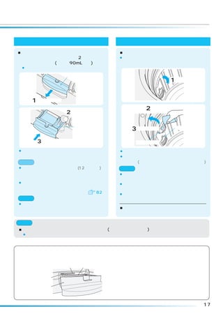 ソフト仕上剤                                 漂白剤
■お洗濯の始めにソフト仕上剤投入口にソフ                ■液体漂白剤
 ト仕上剤を入れてください。（2倍にうすめ               ¡お洗濯の始めに水でうすめて、注入口から静かに
 て入れてください(最大で90mL以下)）                流し込みます。
 ¡最終すすぎの前に自動投入されます。

                   洗剤投入ケース
                                                   1フタを開ける


      1ケースを開ける
                                             2 水でうすめた漂白剤を
                   2 ソフト仕上剤を
                     入れる
                                               注入する



                     ソフト仕上剤
                     投入口               3 フタを閉める      糸くずフィルター


       3 ケースを閉める                          漂白剤注入口

¡周りにソフト仕上剤をこぼさないようご注意くだ             ¡漂白剤注入口は糸くずフィルターの上にあります。
 さい。                                ¡漂白剤注入口は「カチッ」と音がするまで閉めてく
お願い                                  ださい。(運転中に外れ、破損する恐れがあります)
¡ソフト仕上剤を入れたまま長時間(12時間以上)放           ご注意
 置しないでください。                         ¡使用量および使いかたについては、漂白剤の表示
 固まってしまう場合があります。                     に従ってください。
¡ソフト仕上剤投入口に仕上剤がこびりつくことがあ            ¡漂白剤を直接洗濯物にかけないでください。
 ります。洗剤投入ケースを取り外して清掃するか、             変色、布破れの原因になります。
 付属のトレイ用ヘラでそいでください。   82            ¡塩素系の漂白剤を洗濯・脱水槽に入れたまま、長
ご注意                                  時間放置しないでください。
¡ソフト仕上剤を入れ過ぎないでください。
 流れ出して、洗濯物に直接かかり変色する恐れが             ■粉末漂白剤
 あります。                               直接洗濯・脱水槽に入れます。

ご注意
■洗剤投入ケースは、奥まで閉めてください。(ふたが閉まりません)
 ¡ふたを無理に閉めようとすると、破損する恐れがあります。

洗剤クリーマーご使用時およびお手入れ時のご注意
洗剤クリーマーのご使用時、およびお手入れ時に洗剤投入ケースを引き出したとき、洗剤トレイの
上部にある給水ノズルには手を触れたり、動かしたりしないようにしてください。
※無理な力が加わると変形して、水の向きが変わったり水漏れすることがあります。
              すき間       洗剤投入ケース上面
                                      洗剤投入ケース差し込み時、洗剤投入
      給水ノズル                           ケース上面をすき間に合わせて差し込
                                      んでください。
 洗剤投入ケース




                                                                17
 
