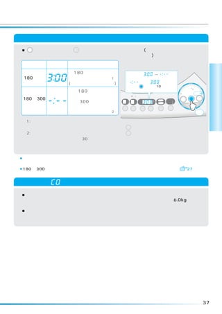 乾燥内容の設定のしかた
■  ボタンを押すごとに  ボタンの上の表示が変わります。(「水量」のランプが点灯してい
  洗乾         水量

 ないことを確認してください。点灯している場合は水量表示です。)

 運転内容        表示        設定内容
                  約 180 分間洗濯・乾燥       この表示が「    」「 
                                                 →    」の順
 180 分運転          します。        ＊1      に変わります。
                  (湿り気を残して終了します)      「   」から「     」には戻りま
                                      せんので  ボタンを10回押して設
                                          洗乾                                        標準
                                                                                                          洗
                  最低 180 分間は運転し、      定してください。                                  念入り 洗剤／ シワケア
                                                                                      12

                                                                                ソフト 毛布 風乾燥
                                                                             速乾 手造り
                                                                                    ドライ たっぷり (6kg)
                                                                                                          乾
 180 ∼ 300
                  乾燥したら終了します。
                  （最長 300 分まで運転し、
                                    注水
                                          (3秒押し)
                                          温風       予約
                                                   水量
                                                         時間後
                                                          L    槽乾燥    洗い
                                                                      すすぎ1
                                                                              洗濯     洗乾      乾燥           コ
   分運転                                回

                                                                                                          ー
                                              分    あと     分    槽洗浄    すすぎ2
                                                                                 スタート/一時停止
                  乾かなくても終了します）      すすぎ   脱水        予約   水量
                                                                カビ
                                                               ブロック
                                                                      お湯取
                              ＊2                                                             ピッ           ス
※ 1:衣類の量が少なかったり、化繊系のものが多いと完全
   乾燥する場合もあります。                     ※  ボタンを押しても乾燥内容は変更できません。
                                      水量


※ 2:衣類の組み合わせによっては乾かない場合もあります。 ※  ボタンを押すと、水量の設定になります。
                                水量


※どちらのコースも洗濯の時間は約 30 分です。            ※「たっぷり」ランプの点灯は移動しません。
※マイナスイオンスチーム仕上げは行いません。


¡洗濯「標準」コースより、シワが多くなりますので、シワが気になる場合は、   「シワケア」コースで生乾きで
 終了させるか、または、衣類を減らして「標準」コースをご使用ください。
¡180 ∼ 300 分運転時には、洗濯・乾燥運転終了後、自動でふんわりガード運転に入ります。  27


         「    」エラー表示（布量オーバー）について
■スタート後にかくはん翼を回転して、洗濯量を検知しています。
 衣類の質や洗濯・脱水槽への衣類の入れかた、湿った衣類の投入などにより、6.0kg 以下でも
 表示することがあります。
■エラー表示が出た場合、一時停止し、衣類を減らして、再度スタートしてください。
 （再度、洗濯量検知を行います。
               ）




                                                                                                     37
 