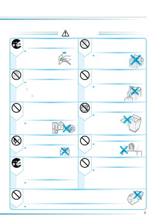 警 告
       お手入れの際は必ず電源プラグ                  洗濯・脱水槽が完全に止まるまで
       をコンセントから抜く                      は、絶対に中の洗濯物などに手な
       ¡感電やけがをする                  禁止   どを触れない
        ことがあります。                       ¡ゆるい回転でも洗濯物が手
                                        に巻きついてけがをする恐
                                        れがあります。特にお子様
                                        にはご注意ください。

       洗い・すすぎ中の洗濯・脱水槽                  幼児に洗濯・脱水槽の中をのぞか
       には手を入れない                        せない。また、洗濯乾燥機の近く
禁止     ¡ゆるい回転でも洗濯物が手に巻きついてけ       禁止   に台を置くなどしない
        がをする恐れがあります。                   ¡洗濯・脱水槽の中に
        (洗濯・脱水槽内に手を入れる場合は、一時
                                        落ちてけがをするこ
        停止させて完全に停止してから行ってくだ
                                        とがあります。
        さい)


       引火物は絶対に洗濯・脱水槽に入                 お手入れするときなどでは、
       れない近づけない                        本体各部に直接水をかけない
禁止
       〔灯油・ガソリン・ベンジン・シンナー・
        アルコールなどやそれらの付着した洗濯物   〕   禁止   ¡ショート・感電の
                                        原因になります。
       ¡爆発や火災の恐れが
        あります。



       ローソク、蚊取り線香、煙草など                 入浴中は風呂水吸水はしない
       の火気を近づけない
                                       ¡万一の感電を防ぐ
火気禁止   ¡火災の恐れがあります。               禁止    ためです。



       動かなくなったり、煙が出ている、変な              操作部付近には、磁石などの磁気
       においがするなどの異常がある場合は、              を帯びたものを近付けない
       事故防止のためすぐに電源プラグを抜          禁止   ¡ふたが開いた状態でも、洗濯・脱水槽が
       いて、お買い求めの販売店に必ず点検・               回転することがあります。
       修理を依頼する
       ¡感電や漏電・ショートによる火災の恐れが
        あります。

       食用油、動物系油、機械油、ドライクリーニング油、ベンジンやシンナー、ガソ
                                                        食
                                                         
                                                       用
                                                        
                                                       油




       リン、美容オイル、軟膏剤などの付着した衣類、ズック、帽子などは洗濯後で
禁止     も絶対に乾燥しない。また、 スポンジの入ったものも絶対に乾燥しない
       ¡油などの酸化熱による自然発火や引火の恐れがあります。

                                                             7
 
