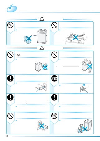 安全上のご注意（続き）

                              警 告
         お湯取りホースで灯油、ガソリン                ロックされた状態のふたを無理に
         など水以外のものを吸い込まない                開けない
    禁止   ¡爆発や火災の原因に                禁止   ¡ふたやロック機構が破損し、けがをしたり、
          なります。                          洗濯・乾燥ができなくなります。




                灯
                油




                              注 意
         洗濯時に温水を使用する場合、                 防水性のシートや衣類は、洗い・
         50℃以上のお湯は使用しない                 すすぎ・脱水をしない
    禁止                             禁止   ¡洗濯物が傷んだり、脱水
         ¡プラスチック部品の
          変形や傷みにより、                      中に異常振動して、けが
          感電や漏電の恐れが                      をする恐れがあります。
          あります。                       例えば
                                    釣具ウェア、スキーウェア、雨ガッパ、
                                    ダウンジャケットなどや水を通しに
                                    くいふとんカバー、シーツ類、マット類など

         電源プラグを抜くときは、電源プ                長時間ご使用にならないときは、
         ラグを持って抜く                       必ず電源プラグをコンセントから
    注意
                                        抜く
         ¡感電やショートして
          発火することがあり                     ¡絶縁劣化による感電
          ます。                            や漏電火災の原因に
                                         なります。


         断水後や一度給水ホースを外して再取り付けし          ふたなどのプラスチック部品や鉄
         た場合は、水栓を閉め、洗濯の「毛布」コース          板部品に洗剤（特に液体洗剤）が
         を選んで、スタートボタンを押してからゆっく          ついた場合は、湿った柔らかい布
         り水栓を開く(長期間使用しなかった場合も同様)        ですぐに拭きとる
         ¡給水ホース、水道配管に空気がたまり、圧           ¡そのまま放置すると、プラスチック部品が破損し、
          縮された空気圧により、本体が破損し、水            けがをする恐れがあります。また、鉄板部品には、
          漏れやけがをする恐れがあります。               シミなどの「あと」が残る場合があります。

         洗濯乾燥機の上にのぼったり、重                運転中は洗濯乾燥機の下に手足な
         いものを載せたりしない                    どを入れない
    禁止   ¡変形・破損によりけがを              禁止   ¡回転部があり、けが
          する恐れがあります。                     をする恐れがありま
                                         す。




8
 