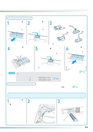 乾燥フィルターのお手入れ
    乾燥フィルター A を       乾燥フィルター B を、       ネットを裏返しにして、掃除機で糸くずなど
1   取り出す。         2   つまみ部をつまんで上
                      に持ち上げて取り出す。
                                     3   を吸い取る。汚れがひどい場合は洗い流す。


     乾燥フィルターA           乾燥フィルターB




手前に引く                   つまみ
                                         ¡洗ったあとは十分に乾かす。

    乾燥フィルター A のネットを                                      乾燥フィルター A を取
4   元に戻し、ネットの端をフッ
    クに差し込む。
                          5   乾燥フィルター B を取り付ける。
                                                     6   り付ける。
                                                           乾燥フィルターA
                                   乾燥フィルターB
        フック




                                                         水平に押す
                ネット
                              ¡方向に注意してフィルターをセット
                               する。                   (取り付けが不完全ですと、
                                                     「CF」エラーが発生します      )
                                                                  92
お願い      ¡乾燥フィルターは消耗品です。
          ネットが破れたときは、販売店でお買い求めください。
          乾燥フィルター A（部品番号 NW-D8CX-010）
                                      98
          乾燥フィルター B（部品番号 NW-D8BX-020）

スイコミノズルによるお手入れ
乾燥フィルターをお手入れしても、フィルター表示が消えなかったり、「C6」エラー（                      91）が発生
する場合は、乾燥フィルター取り付け部の奥に糸くずが付着している可能性があります。
そのときは、付属のスイコミノズルによるお手入れをしてください。
お手入れをするときは、必ず乾燥運転後に行ってください。
※ 糸くずに水分が含まれている場合があり、万一の掃除機の故障を防止するためです。
    乾燥フィルター A お       掃除機の吸口にスイコミノズルを             乾燥フィルター取り付け部の奥に
1   よび乾燥フィルター
    B を取り外す。
                  2   取り付ける。                  3   付着した糸くずを吸い取る。
                      ノズルの先を
                      右側に向ける

                       スイコミ
                       ノズル




                                                                       85
 