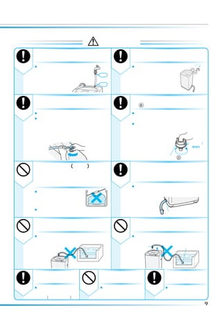 注 意
      洗濯・乾燥前は必ず水道栓を開い                   洗濯乾燥機を使用しないときは、
      て、水漏れがないか確認する                     必ず水栓を閉じておく
水漏れ   ¡ねじがゆるんだりし                       ¡万一の水漏れを防ぐ
       ていると、水漏れし                        ためです。
                            確認
       て思わぬ被害を招く
       ことがあります。             確認




      給水ホースの本体接続のユニオン                   ワンタッチつぎてを必ず使用し、つぎ
      ナットはしっかり締めつける                     て  をしっかり締める
                                         B

      ¡水漏れの原因になります。                    ¡付属品以外のジョイントを使用すると水
      ¡長期のご使用でユニオンナットが緩んだり              漏れの原因になります。
       すると水漏れして思わぬ被害を招くことが             ¡長期のご使用でねじやつぎてが緩んだり
       あります。定期的に点検し、緩んでいる場              すると水漏れして思わぬ被害を招くこと
       合にはさらに締めつけてください。                 があります。定期的に
            ユニオンナット                     点検し、緩んでいる場
                                                      (締めつけ後)
                                        合にはさらに         約4mm以下
                                        締めつけてく
                                        ださい。
                                                 つぎて B

      お洗濯キャップ(別売り)は斜めに                  洗濯乾燥機を据え付けるときは、
      取り付けない。また、
               洗濯の 「毛布」                 排水ホースのくびれた部分を本体
禁止    「ドライ」コース以外では絶対に                   の端に必ず合わせる
      使用しない                            ¡内部でたるんでいると、他の部品と接触し、
      ¡水の飛びはねやキャップ                      ホースが破れて、水漏れするなど思わぬ被害
       の飛び出しによりけがを                      を招くこと
       したり、本体が破損する                      があります。
       恐れがあります。
      ¡洗乾、乾燥の各コースでは絶対に使用し
                                                    くびれ部
       ないでください。

      浴槽の水面より風呂水吸水口が低                   クリーンフィルターを浴槽に入れ
      くなる場所では使用しない                      たまま吸水つぎてを外さない
禁止    ¡サイホン現象によりポンプ運転が終了して        禁止   ¡サイホン現象により風呂水が流れ出て床面
       も水が出っ放しになります。                    を濡らす恐れがあります。
                                         吸水つぎて             クリーンフィルター

                       水面
        風呂水吸水口




      乾燥中や終了直後は、ふた           内ふたを閉めるとき           給湯機からの温水
      周辺や金属部には触らない           に衣類をはさまない           は使用しない
      ¡高温になっている場合があり   禁止   ¡水漏れなど故障の原因になります。    ¡乾燥運転時、温水では
       ますので、十分気をつけてく         また、プラスチック部品が破損し、     冷却、除湿できず、乾
       ださい(特にメッキ部分)。         けがをする恐れがあります。        燥できません。
                                                                   9
 