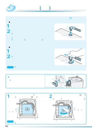 据え付け(続き)
 お湯取ホースの取り付けかた・外しかた
     ご使用になる前に必ずお湯取ホースにクリーンフィルターを取り付けてください。                        据付説明書

     ■取り付けかた

1
                                                            フック
       風呂水吸水口キャップを外す。                                  つめ            吸水つぎて
                                                    Ｏリング
       お湯取ホースの吸水つぎてを風呂水吸水口のパイプに確
2      実に差し込む。
       ¡吸水つぎてのつめをパイプに引っ掛け、抜けないことを
        確認してください。                                 パイプ
       ¡入りにくい場合は、少し回しながら押してください。                            風呂水吸水口
       ¡吸水つぎてには、 リングが付いています。 リングを外
               O           O
        したり傷つけないでください。外すと空気が入り込み、
        吸水できなくなります。

     ■外しかた

1      浴槽からクリーンフィルター
                   （お湯取ホース）
                          を取り出す。                        吸水つぎて
                                                       フック
       吸水つぎてを取り外す。
2      ¡吸水つぎてのフックを指で押し、つめを外してゆっくり
        持ち上げます。外すときの水の飛び散りを防ぐためです。
                                                  つめ
                                                 風呂水吸水口

 ご注意 ¡吸水つぎてを本体から外さない状態で、お湯取ホースを持ち上げるとホース内の残水が洗濯・脱水
           槽内に逆流し、脱水や乾燥の終わった衣類を濡らす恐れがあります。

 お湯取ホース掛けの使いかた
                                         ホース掛け           お湯取ホース掛け
 ■お湯取ホース掛けのセットのしかた
                                         フック
     ¡お湯取ホース掛けのフックをホース掛けの               お湯取ホース
      穴に入れて止まるまで押し下げてください。              掛け




 遮音トレイの取り付けかた                    〔 遮音トレイは外槽の結露水が床面をぬらすのを防止 〕
                                   することもできますので、必ず取り付けてください
      遮音トレイをストッパーの端面(遮音トレイが止ま
 1    る位置)に合わせ、左側の爪(3 個所)に差し込む。           2   遮音トレイをたわませながら、右側の爪(2 個所)
                                              にはめ込む。
                                              (硬いときは 1 個所ずつ爪にはめ込んでください)
     ストッパー端面                    遮音トレイ
                                                                  遮音トレイ


                                                                    爪
        爪                                                          (右側2個所)
     (左側3個所)




               (後面を上に倒してください)
                                                 (後面を上に倒してください)
 ご注意 遮音トレイは確実に左右の爪に引っかけてください。
          ¡爪が外れていると異常音の原因になります。

90
 