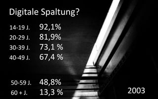 Digitale Spaltung?
14-19 J.   92,1%
20-29 J.   81,9%
30-39 J.   73,1 %
40-49 J.   67,4 %

50-59 J.   48,8%
60 + J.    13,3 %    2003
 