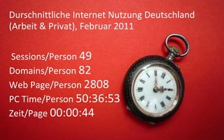 Durschnittliche Internet Nutzung Deutschland
(Arbeit & Privat), Februar 2011


Sessions/Person 49
Domains/Person 82
Web Page/Person 2808
PC Time/Person 50:36:53
Zeit/Page 00:00:44
 