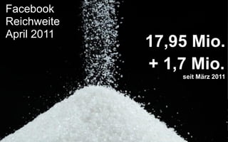 Facebook
Reichweite
April 2011
             17,95 Mio.
             + 1,7 Mio.
                 seit März 2011
 
