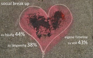 social break up




zu häufig 44%
                       eigene Timeline
                         zu voll 43%
   zu langweilig 38%
 